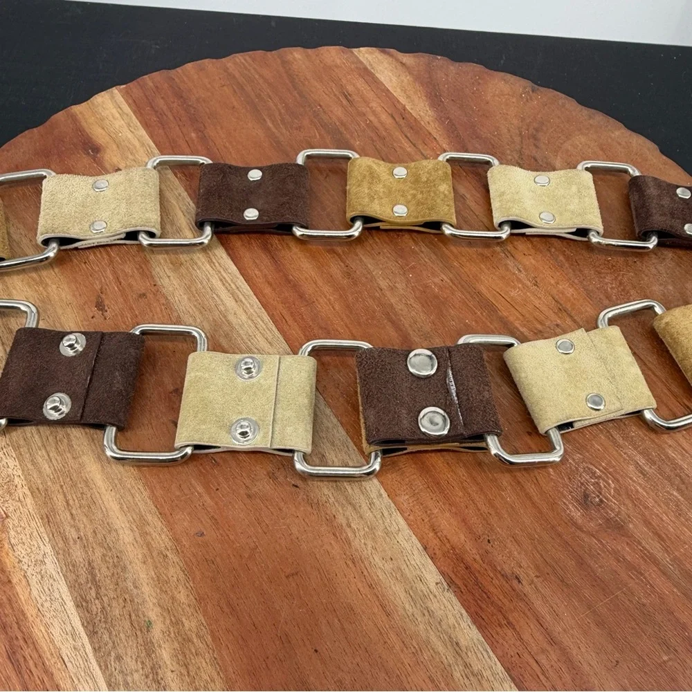 Vintage Suede Leather Hippie Boho Chic Belt Square Links Snaps Rivets fits 34-38